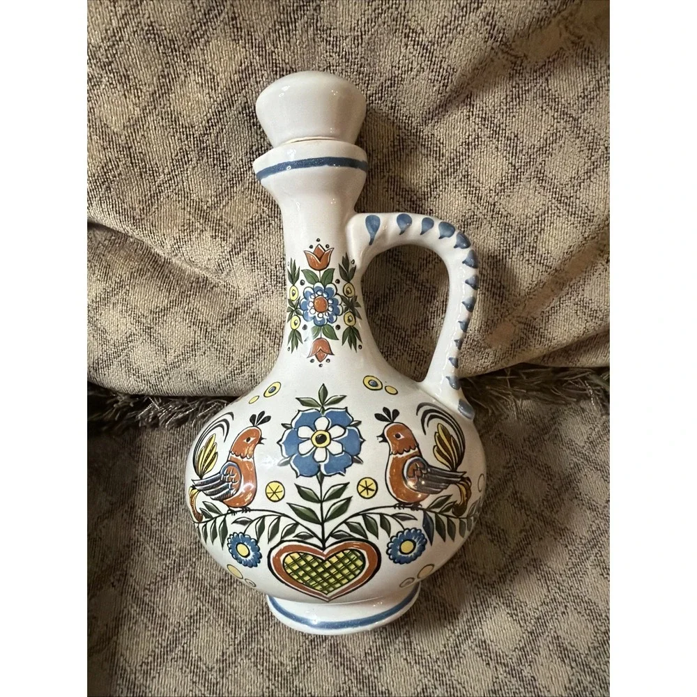 Vintage Decanter West Germany Ulmer Keramik w/Stopper Hand Painted Folk Art 8.5